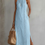 Jimena | Abito Midi in Cotone-Lino con Colletto Mandarino