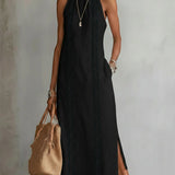 Jimena | Abito Midi in Cotone-Lino con Colletto Mandarino